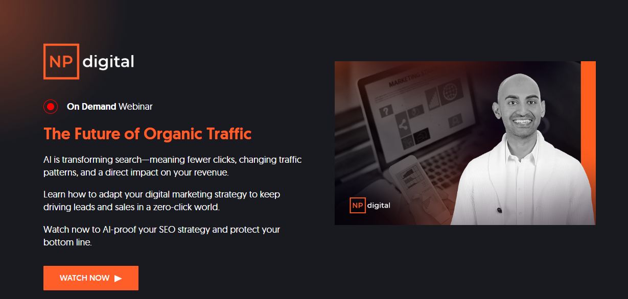 Neil Patel's webinar registration page with compelling headline about organic traffic